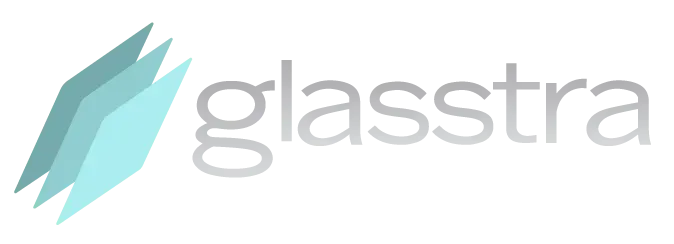 Logo with layered diamond shapes in teal and the word "glasstra" in gray.