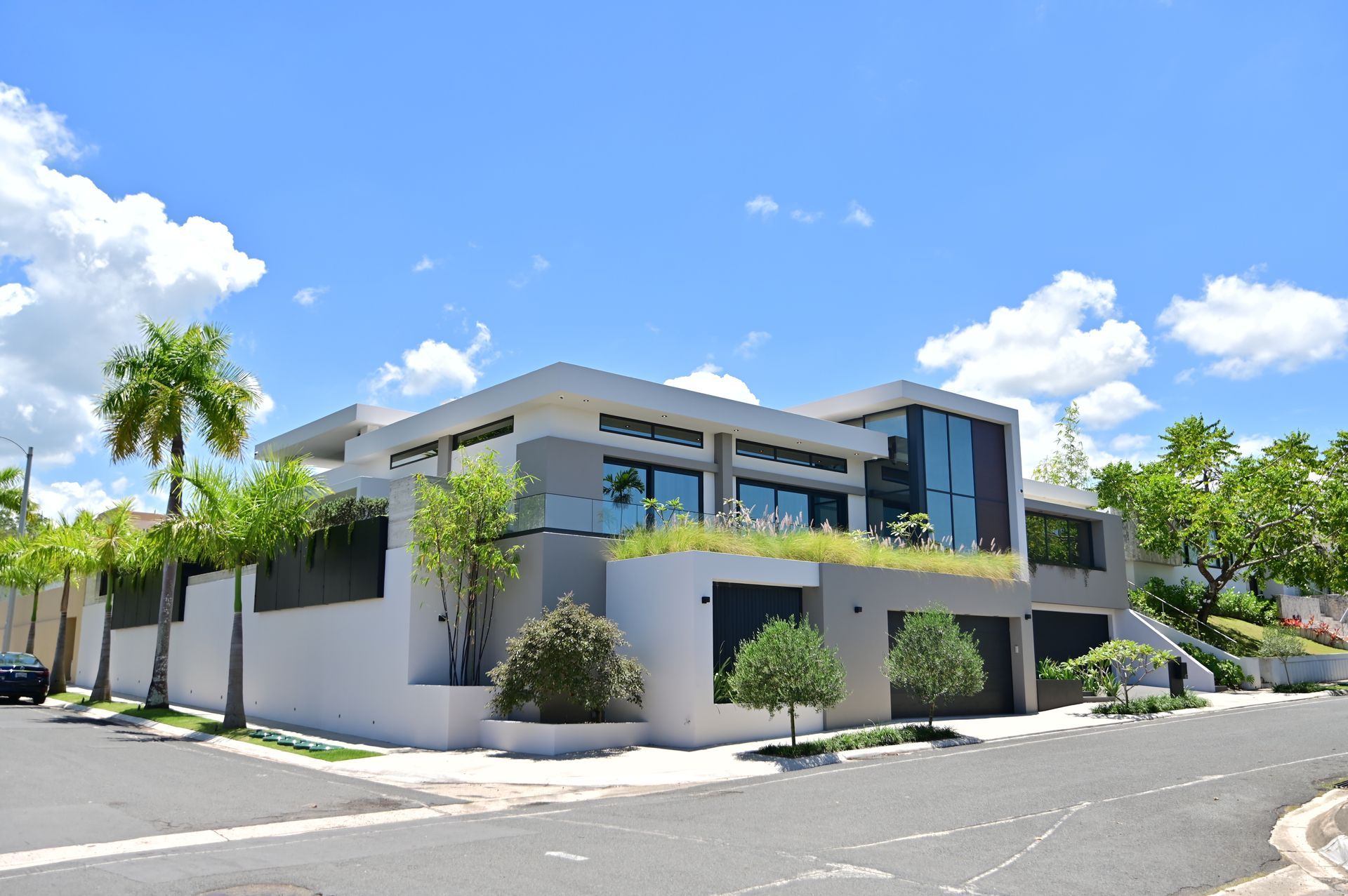 Modern white-and-blue two-story house on a sunny street with palm trees and a clear blue sky