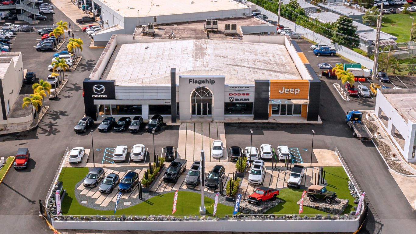 An aerial view of a car dealerships built by DEV Builders