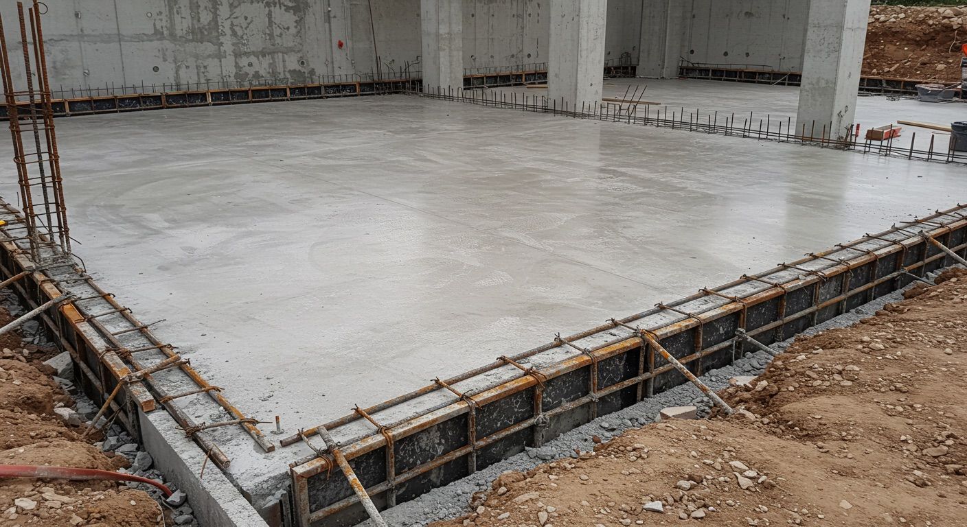 Freshly poured concrete foundation of a building under construction by DEV Builders, with visible rebar reinforcing the perimeter.