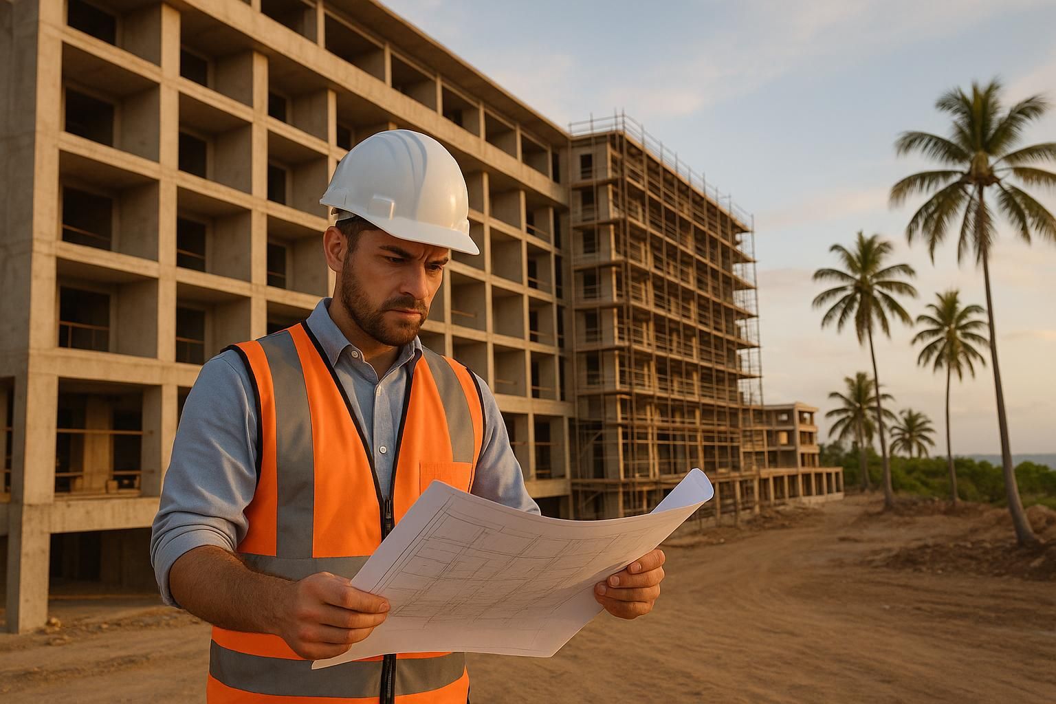 Construction worker in a hard hat and orange vest examining blueprints at a building site with palm trees.