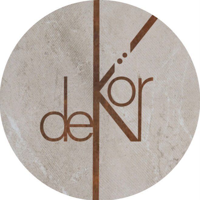 "Dekor" logo with brown letters and lines, set against a circular, textured beige background.