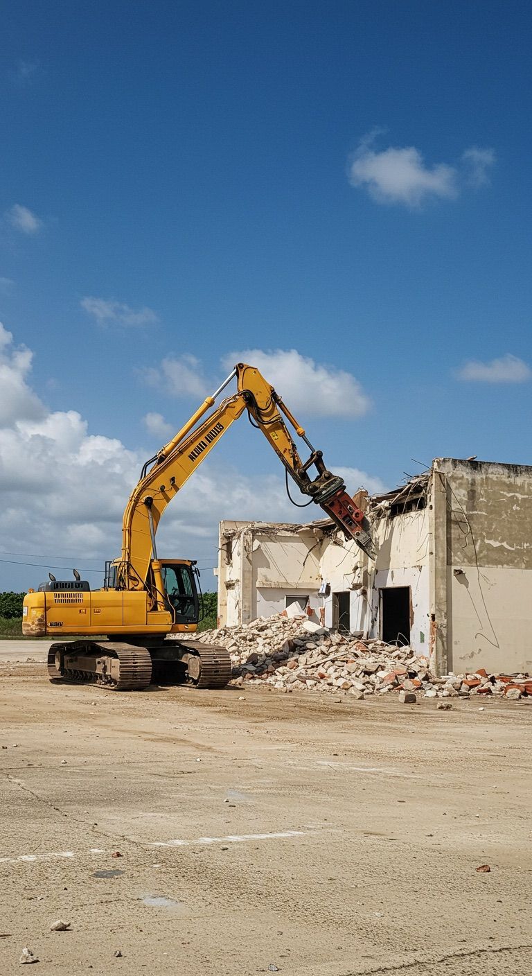 Yellow excavator demolishing a building under a blue sky, rubble on the ground.