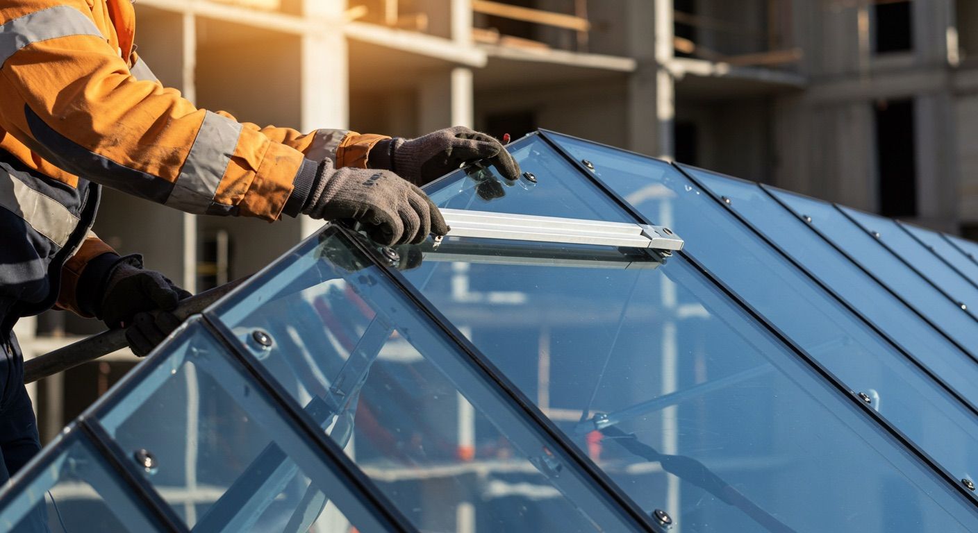 Construction worker cleaning glass panes on a building roof.