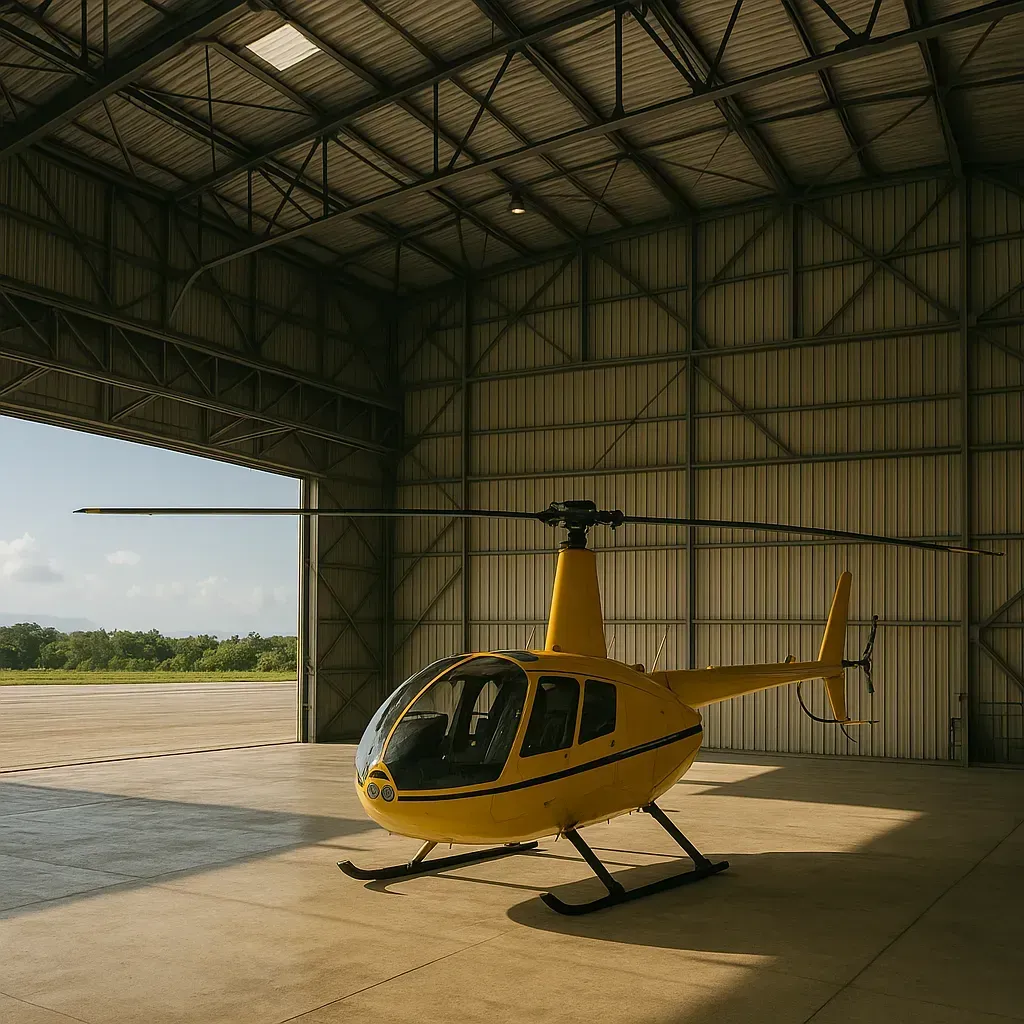 Hangar with helicopter inside