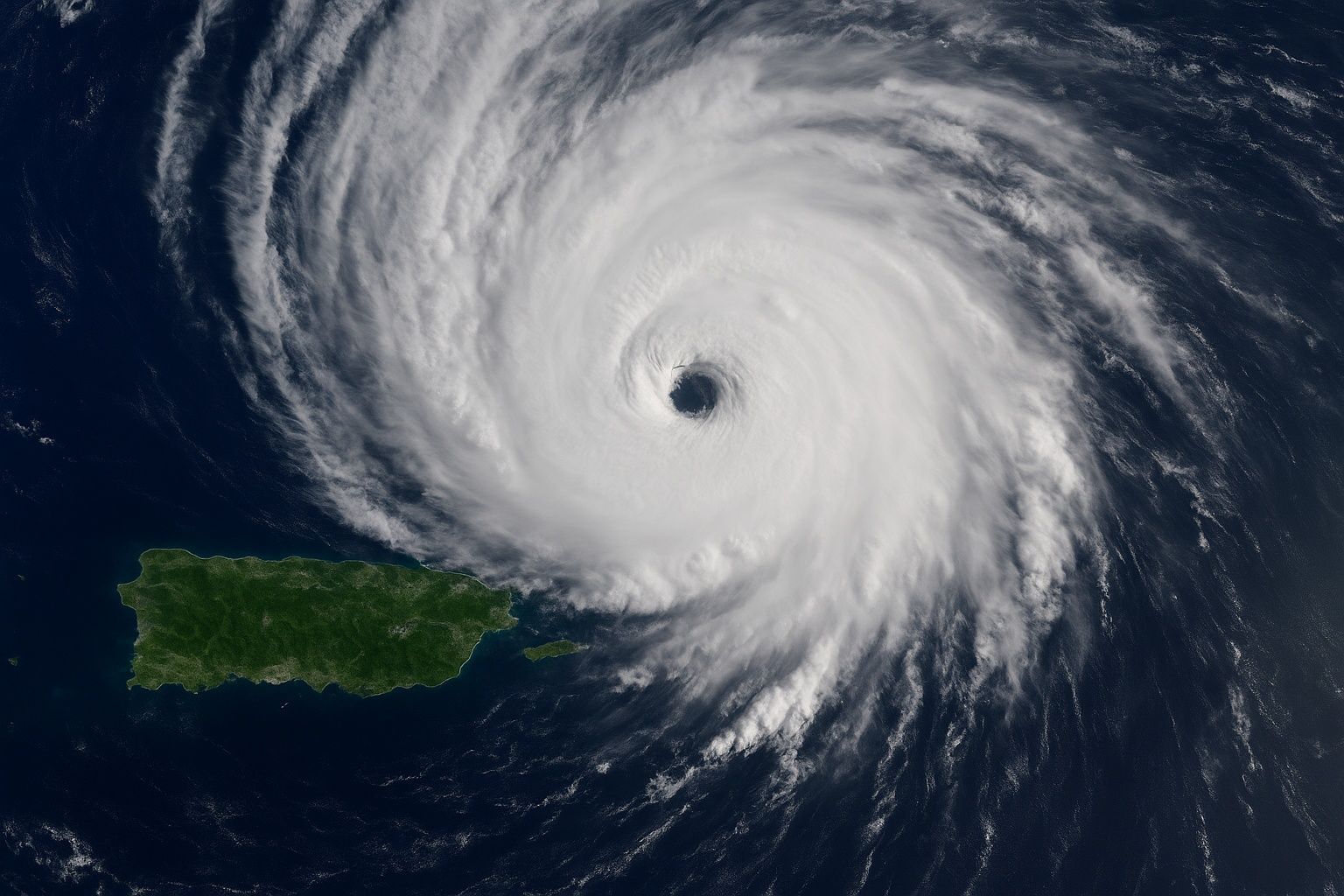 Satellite view of Hurricane over Puerto Rico, showing swirling white clouds, eye in the center, and green island.
