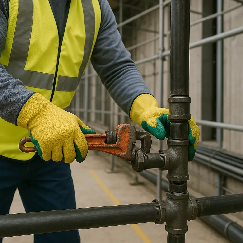 plumber's hands with yellow gloves, working with pipes on a commercial build project