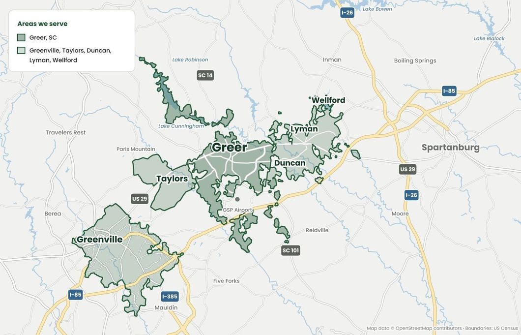 Tree service area map for Greer, SC and nearby towns