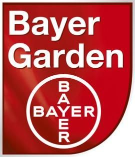 Bayer Garden logo on a red shield with white text and circular Bayer emblem