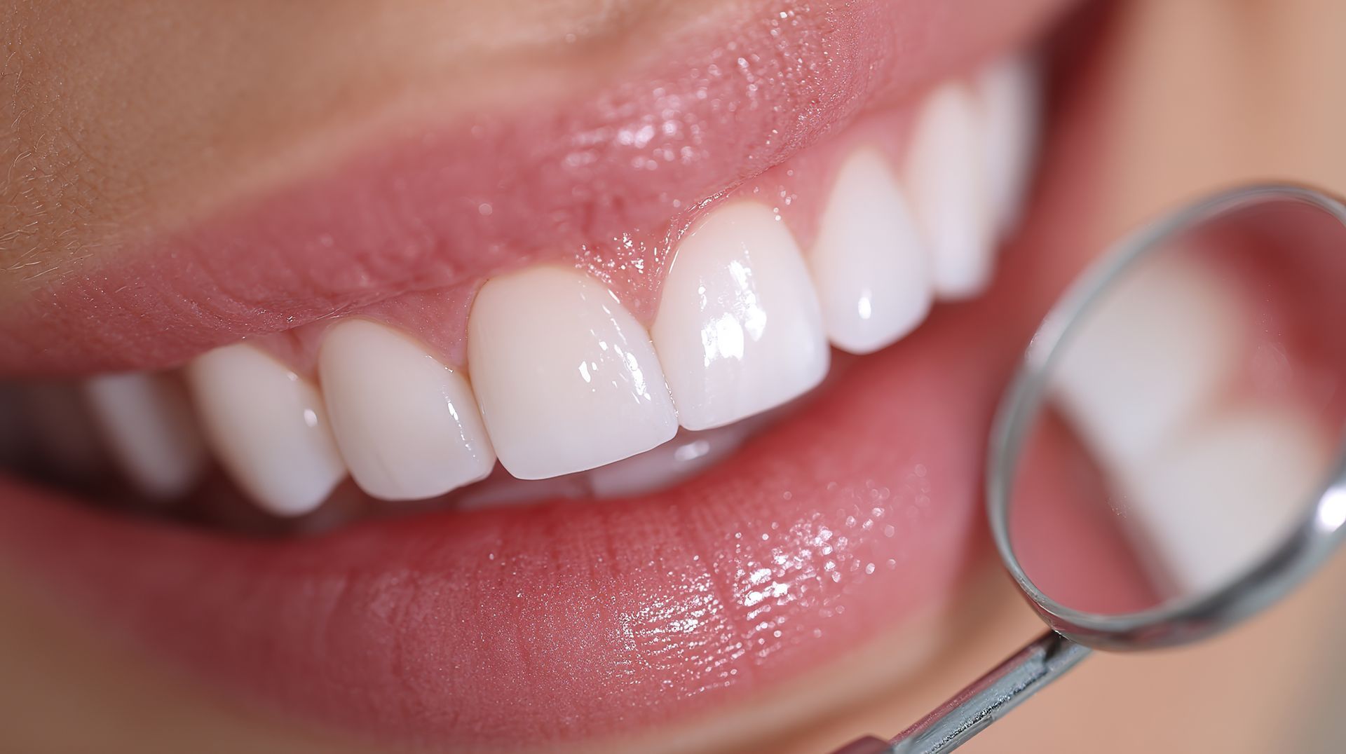 Teen girl smiling with new braces at orthodontist appointment with dental hygienist. Close-up of perfect white teeth smile with a dental inspection mirror.