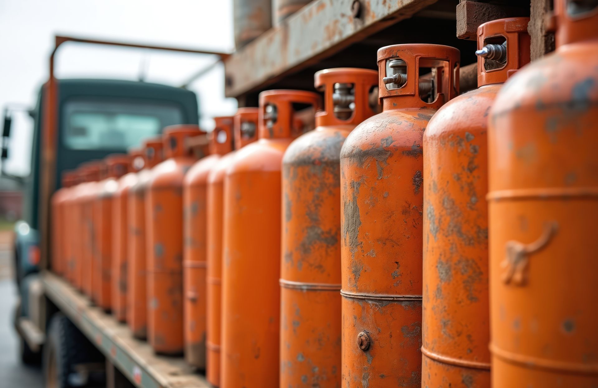 Row of weathered orange propane cylinders loaded on a truck bed from residential propane suppliers.