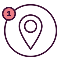 Map marker in circle, step 1, pink number, location icon, navigation.