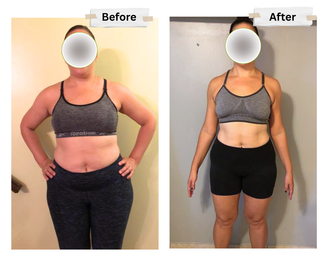 A before and after picture of a woman in a black top and blue shorts.