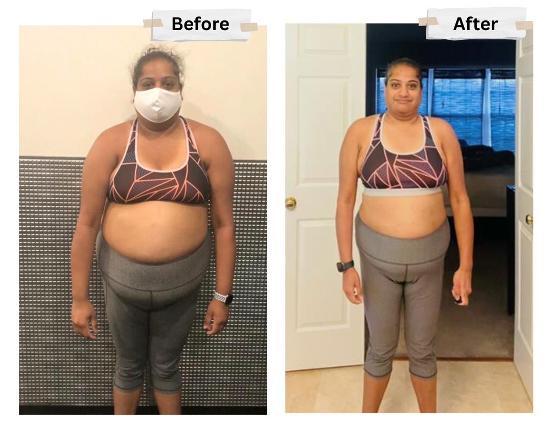 A before and after picture of a woman in a black top and blue shorts.