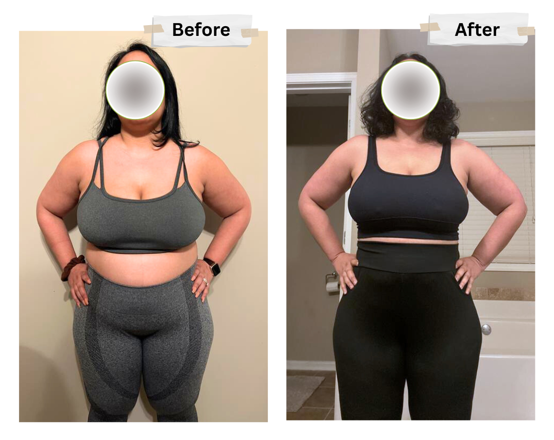 A woman is standing in a bathroom before and after losing weight.