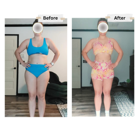 A before and after photo of a woman in a bikini.