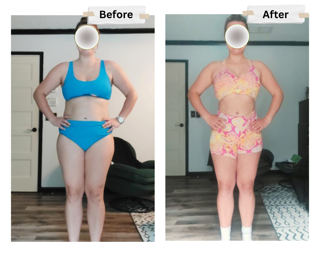 A before and after picture of a woman in a bikini.