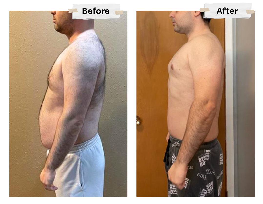 A before and after photo of a shirtless man