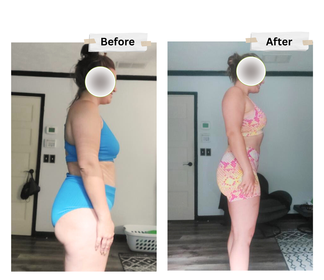 A before and after picture of a woman in a bikini.