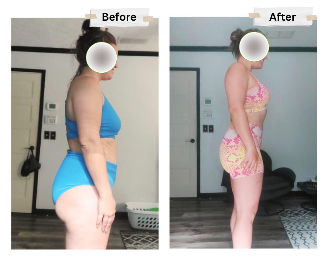 A woman is standing in a bathroom before and after losing weight.