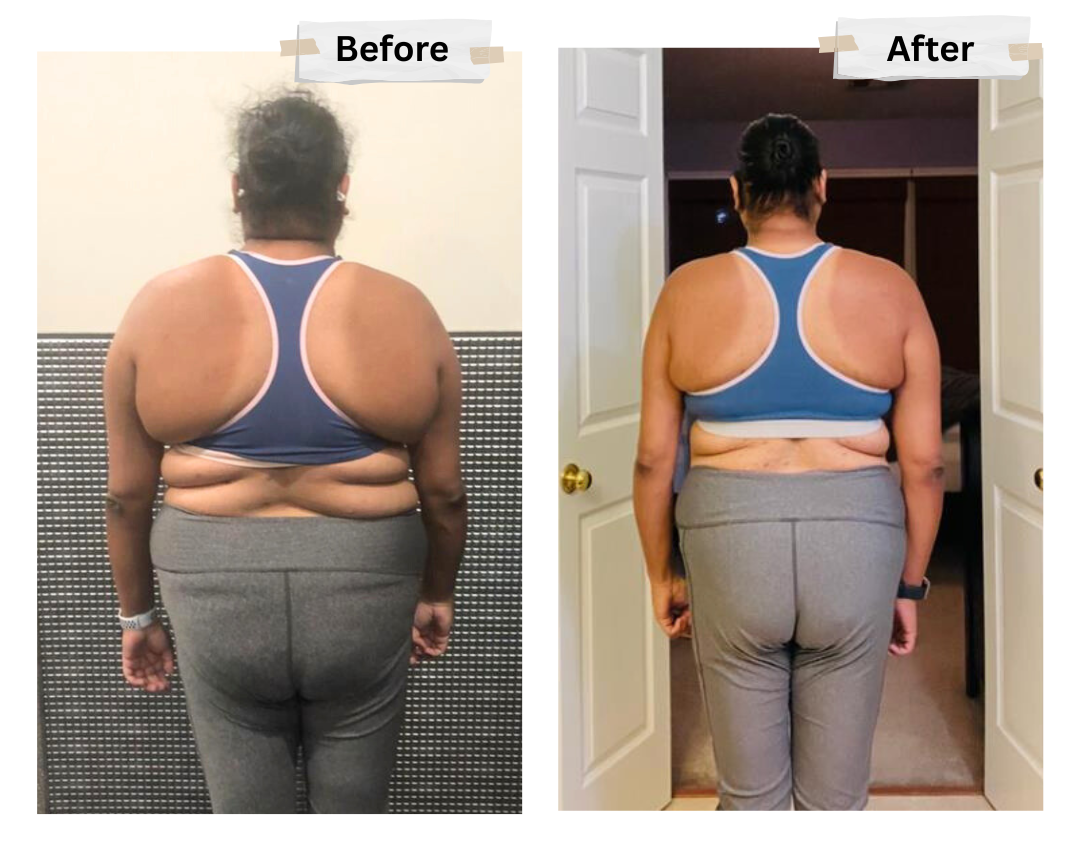 A woman is standing in a bathroom before and after losing weight.