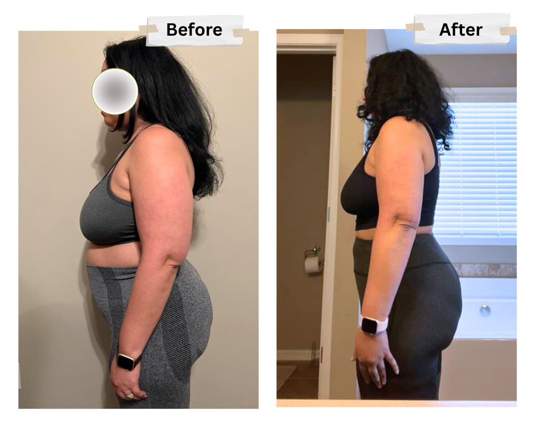 A before and after picture of a woman in a black top and blue shorts.