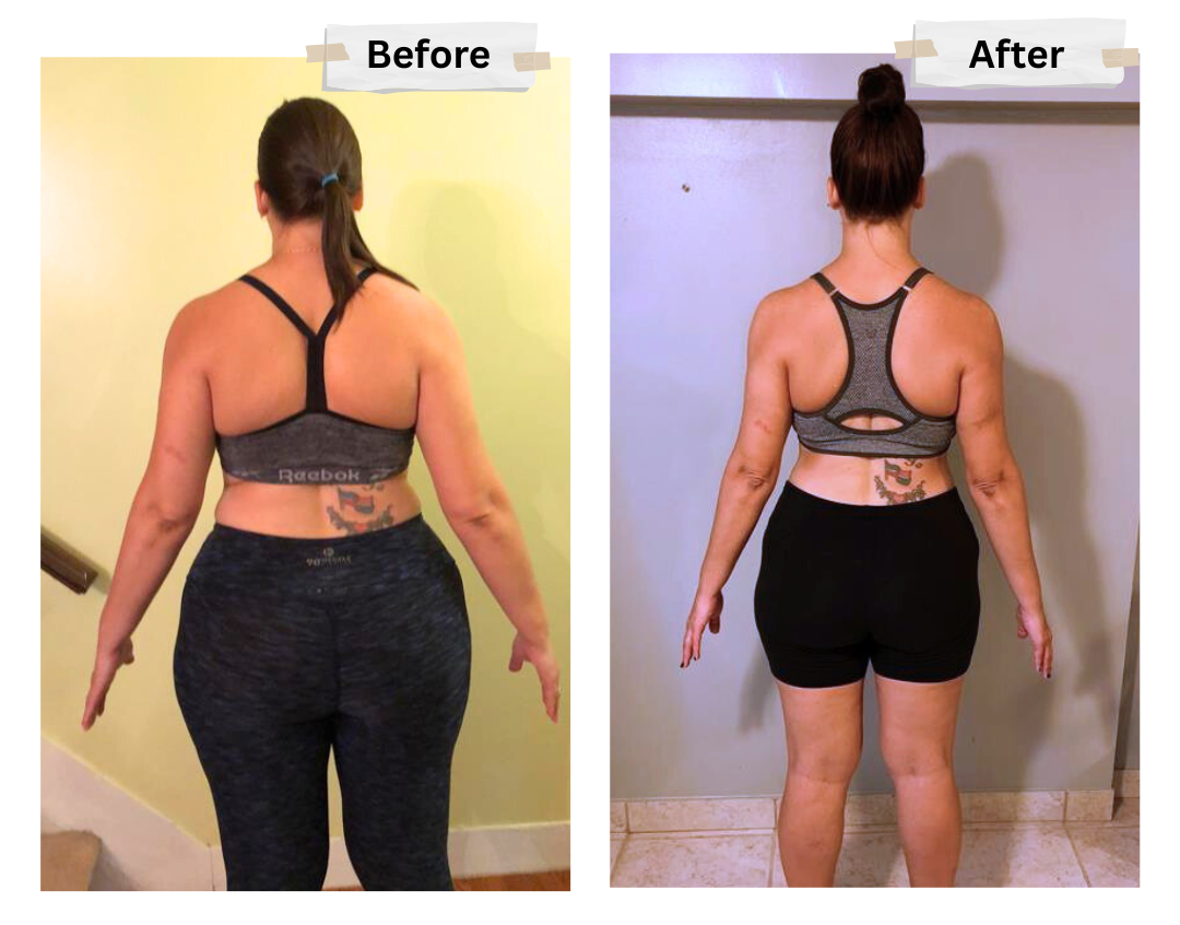 A woman is standing in a bathroom before and after losing weight.