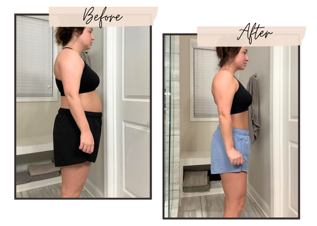 A before and after picture of a woman standing in a bathroom.