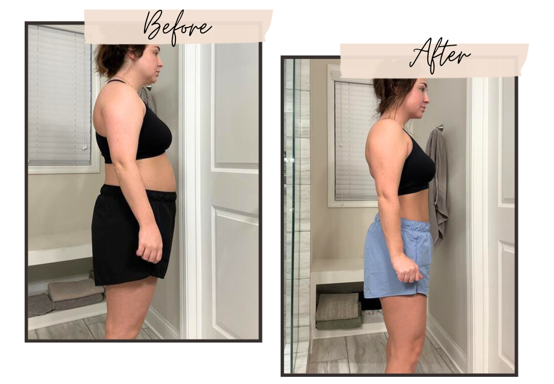 A before and after picture of a woman standing in a bathroom.