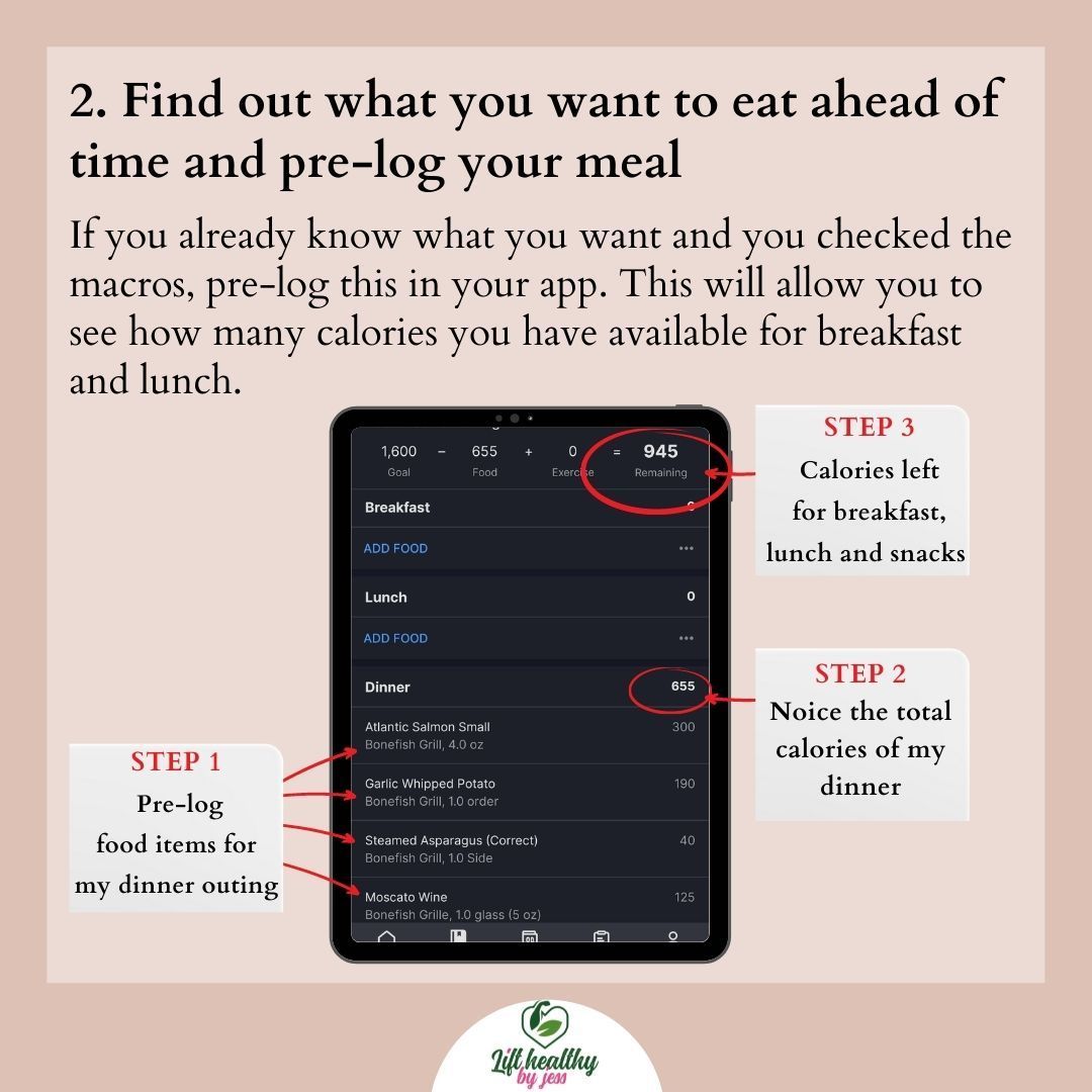 A picture of a tablet with instructions on how to find out what you want to eat ahead of time and pre-log your meal