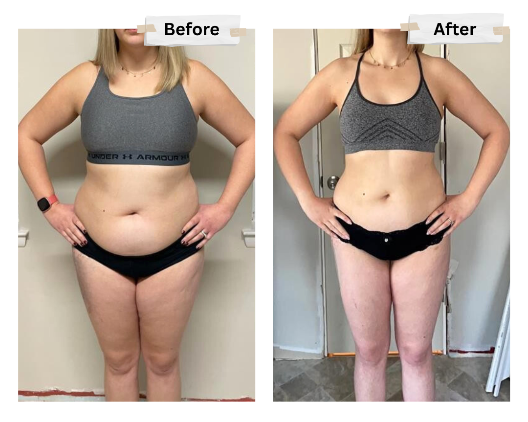 A before and after picture of a woman in a black top and blue shorts.