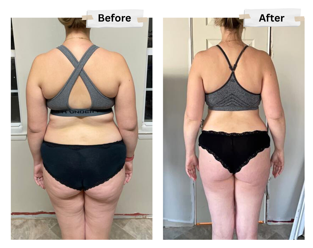 A woman is standing in a bathroom before and after losing weight.