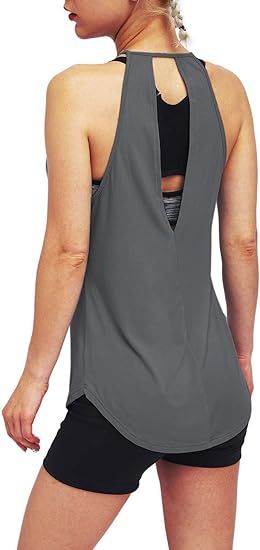 Gray workout tank tops with a long, flattering fit, designed for comfort and breathability during intense workouts.