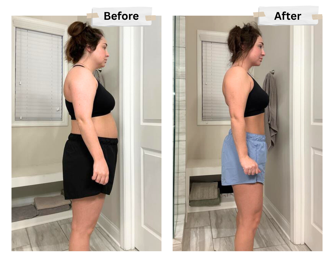 A woman is standing in a bathroom before and after losing weight.