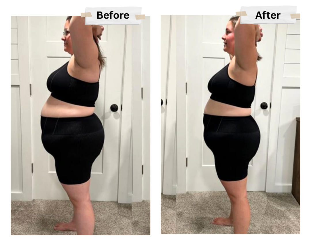 A woman is standing in a bathroom before and after losing weight.