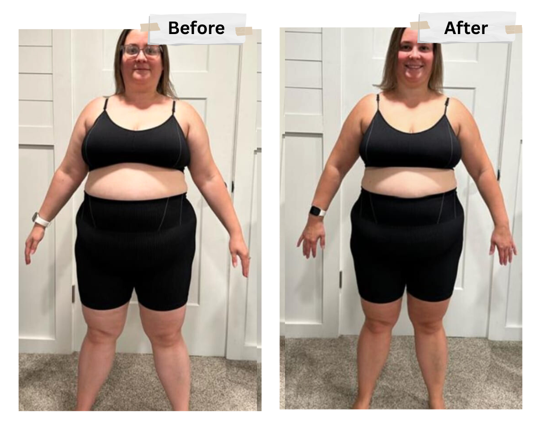 A before and after picture of a woman in a black top and blue shorts.