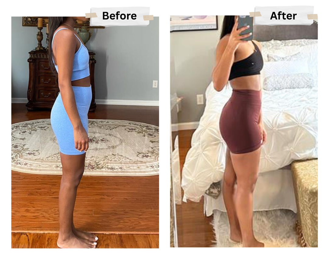 A woman is standing in a bathroom before and after losing weight.