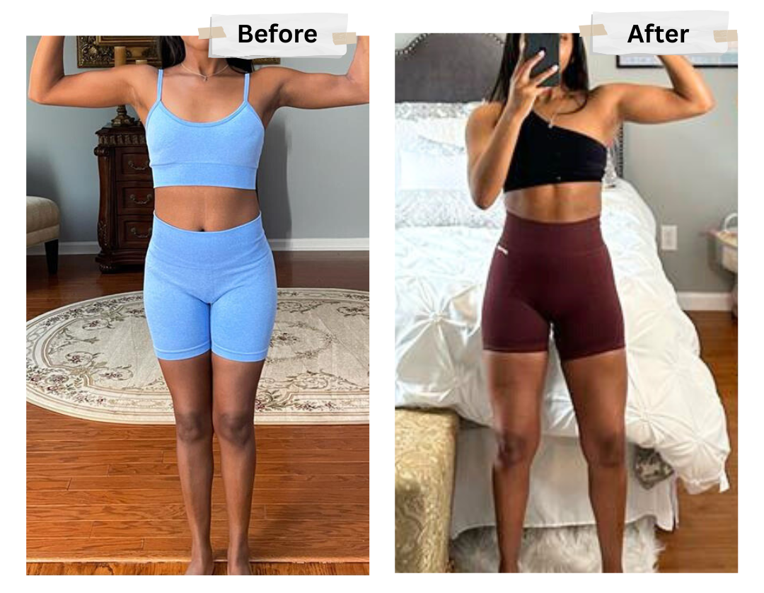 A before and after picture of a woman in a black top and blue shorts.