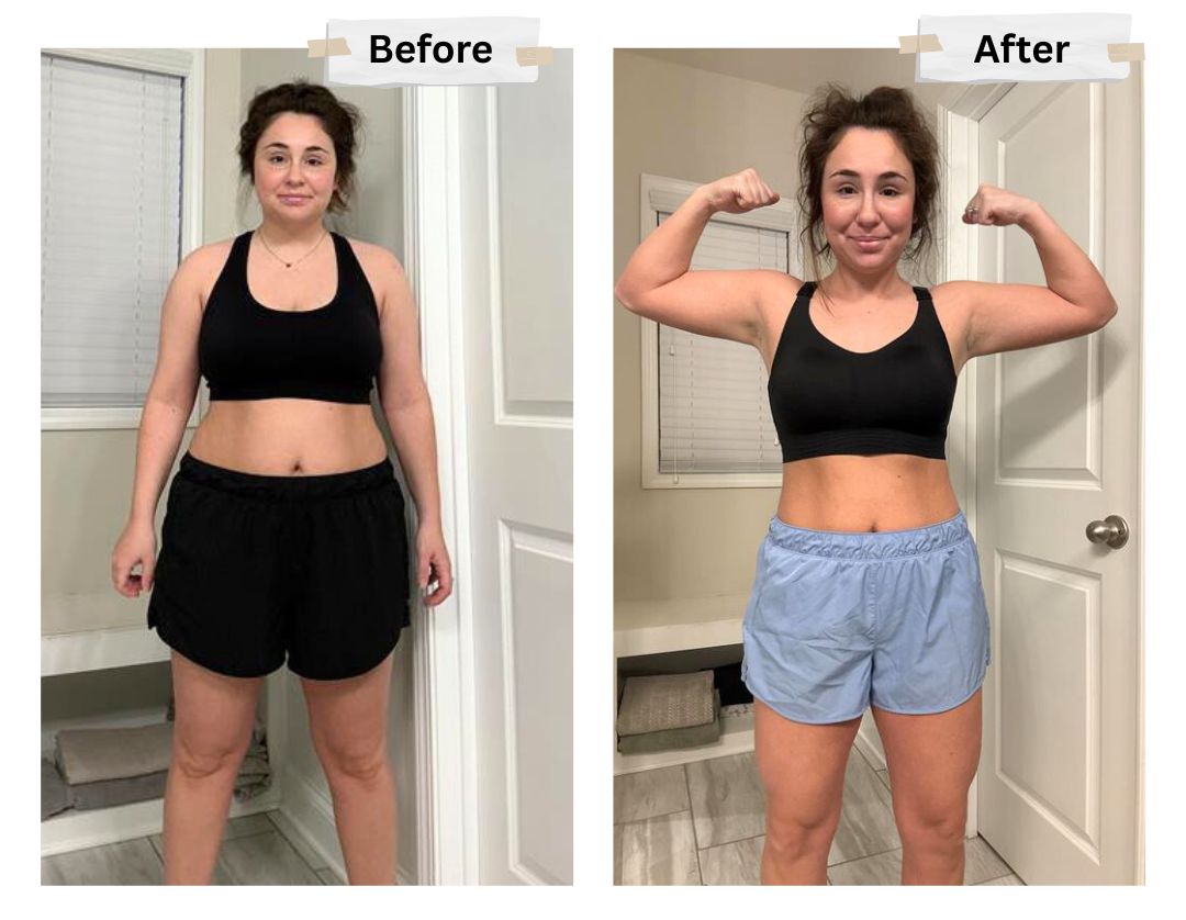 A before and after picture of a woman in a black top and blue shorts.