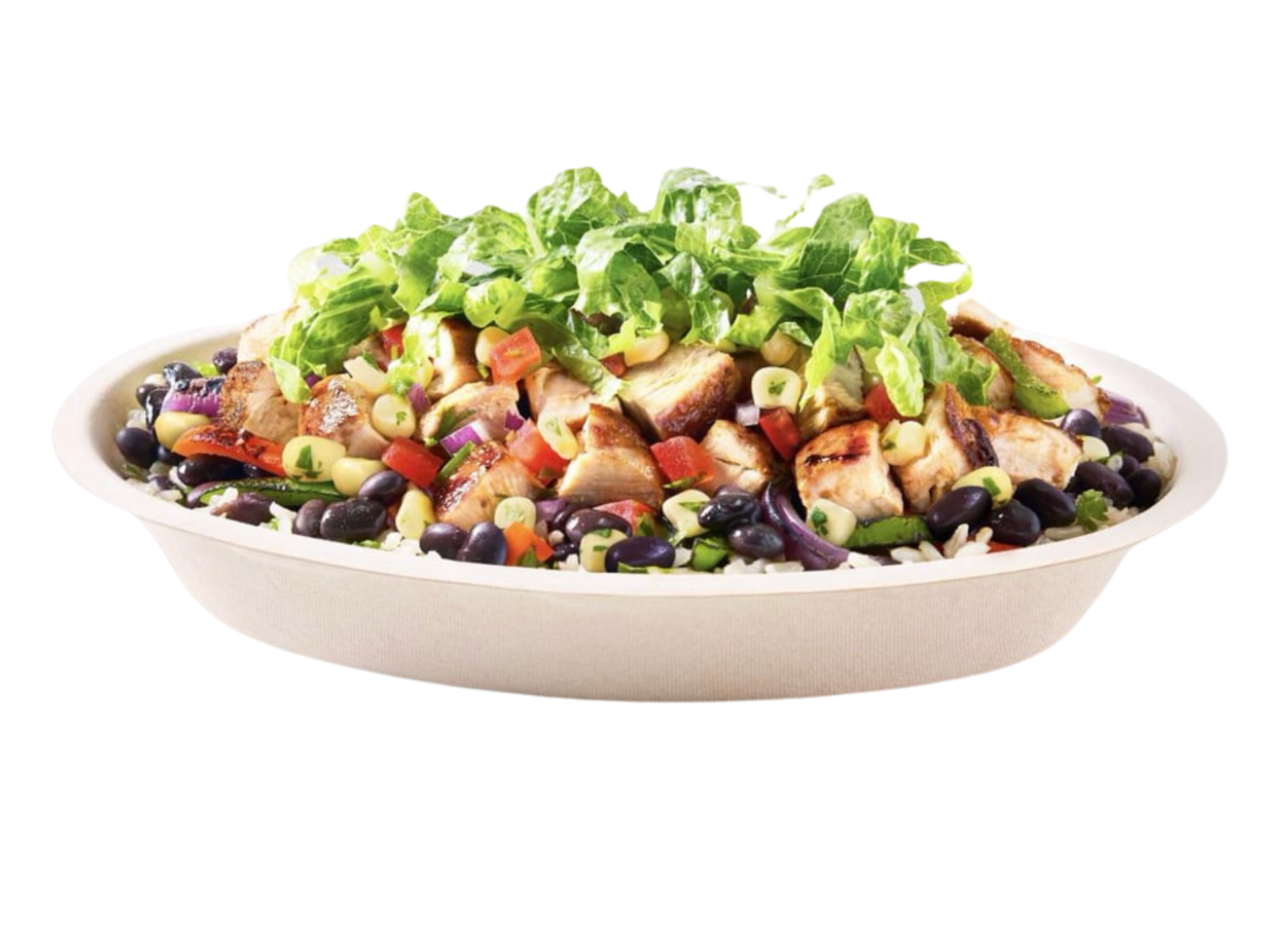 Chipotle bowl with chicken, rice, black beans, corn, and lettuce.