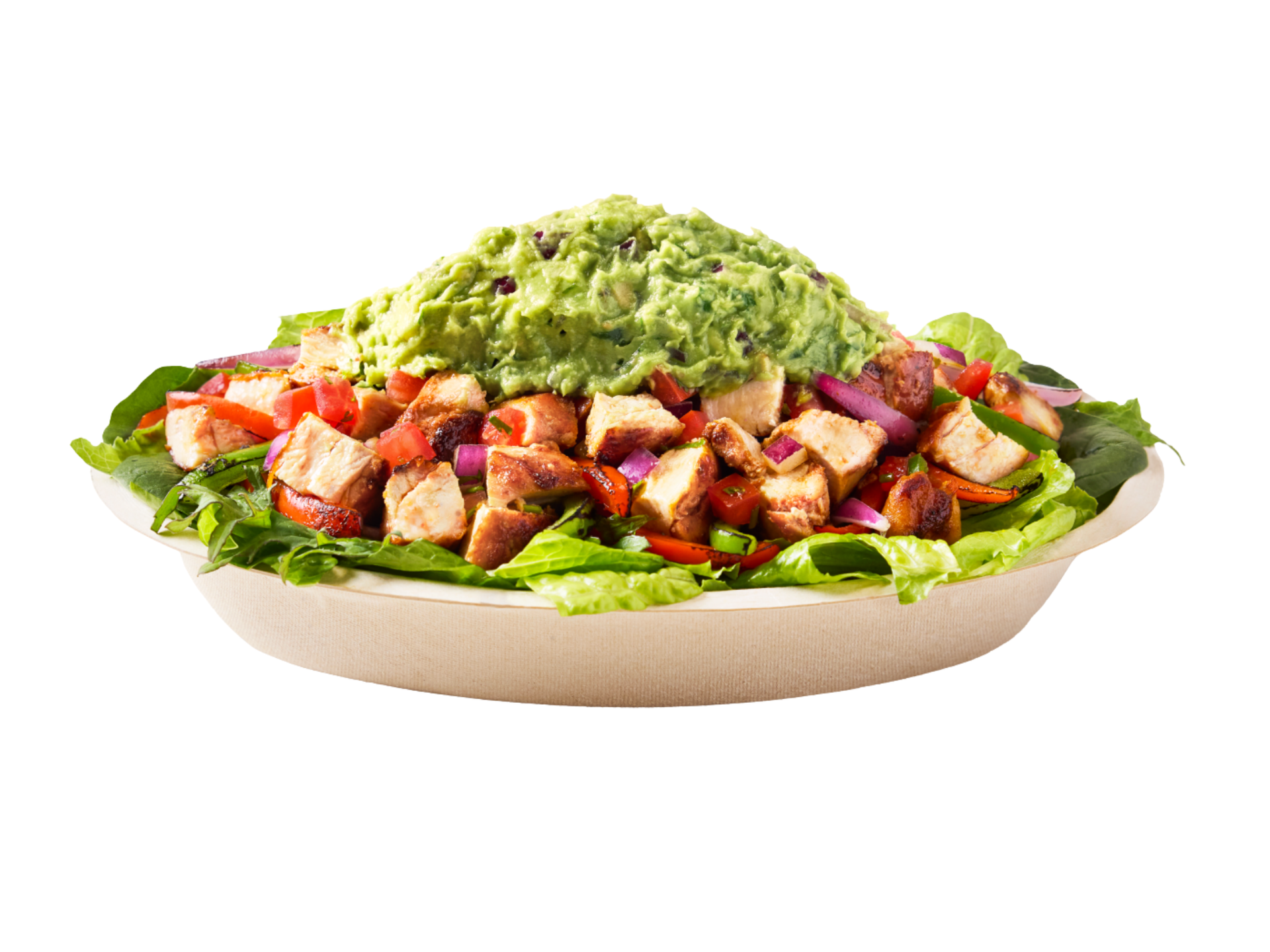 Chicken salad with guacamole in a beige bowl.