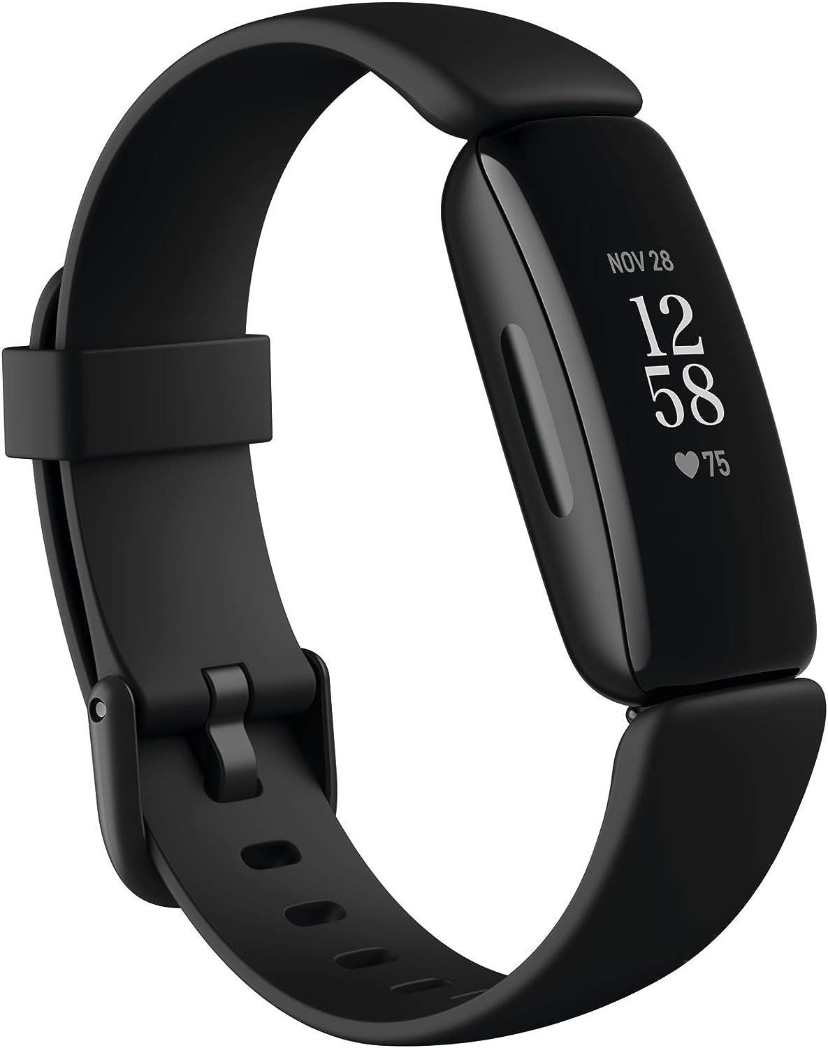 Fitbit Inspire 2 fitness tracker, worn on the wrist, tracking steps, sleep, and heart rate, perfect for daily activity monitoring.