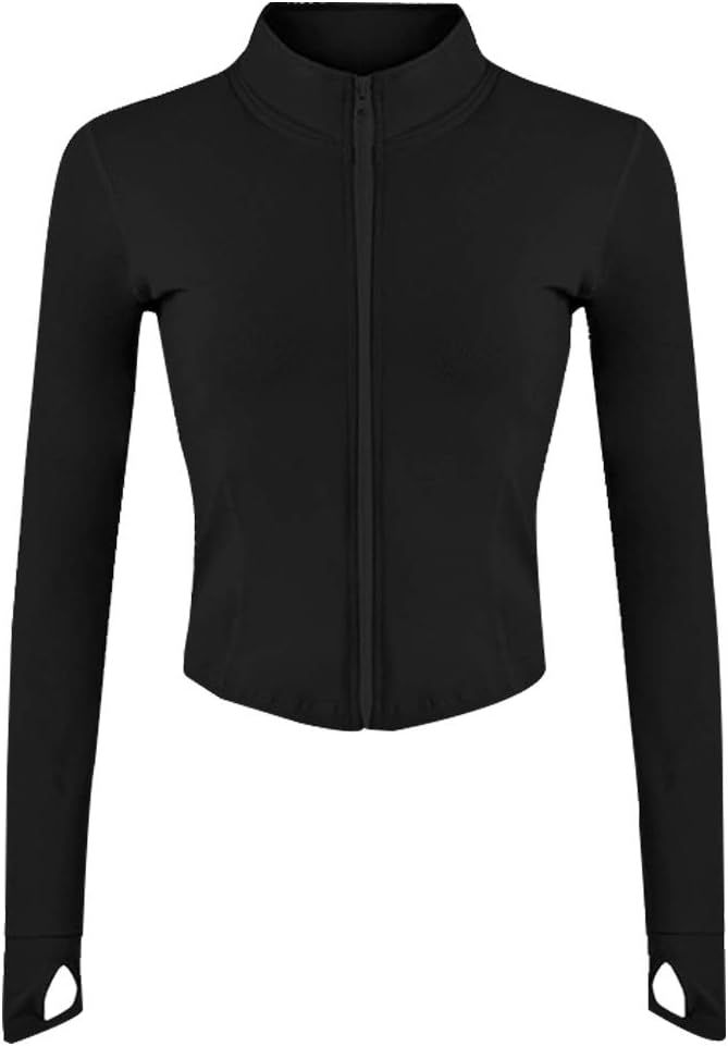 Slim-fit lightweight workout jacket with zip-up closure and thumbholes, ideal for running, yoga, and other activities.