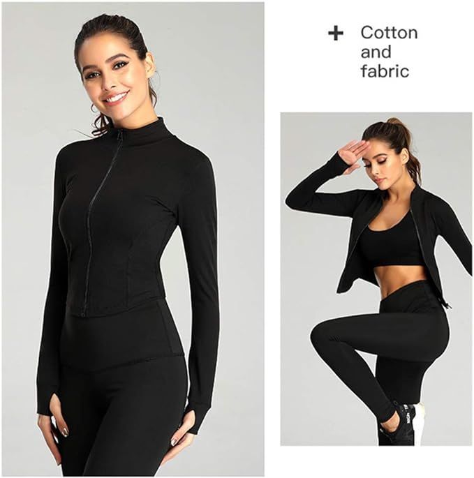 Slim-fit lightweight workout jacket with zip-up closure and thumbholes, ideal for running, yoga, and other activities.