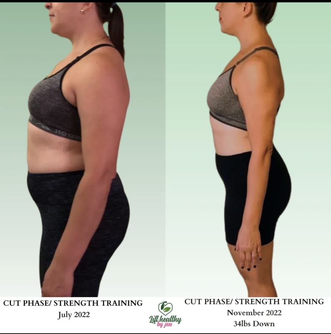 A picture of a woman before and after a cut phase strength training