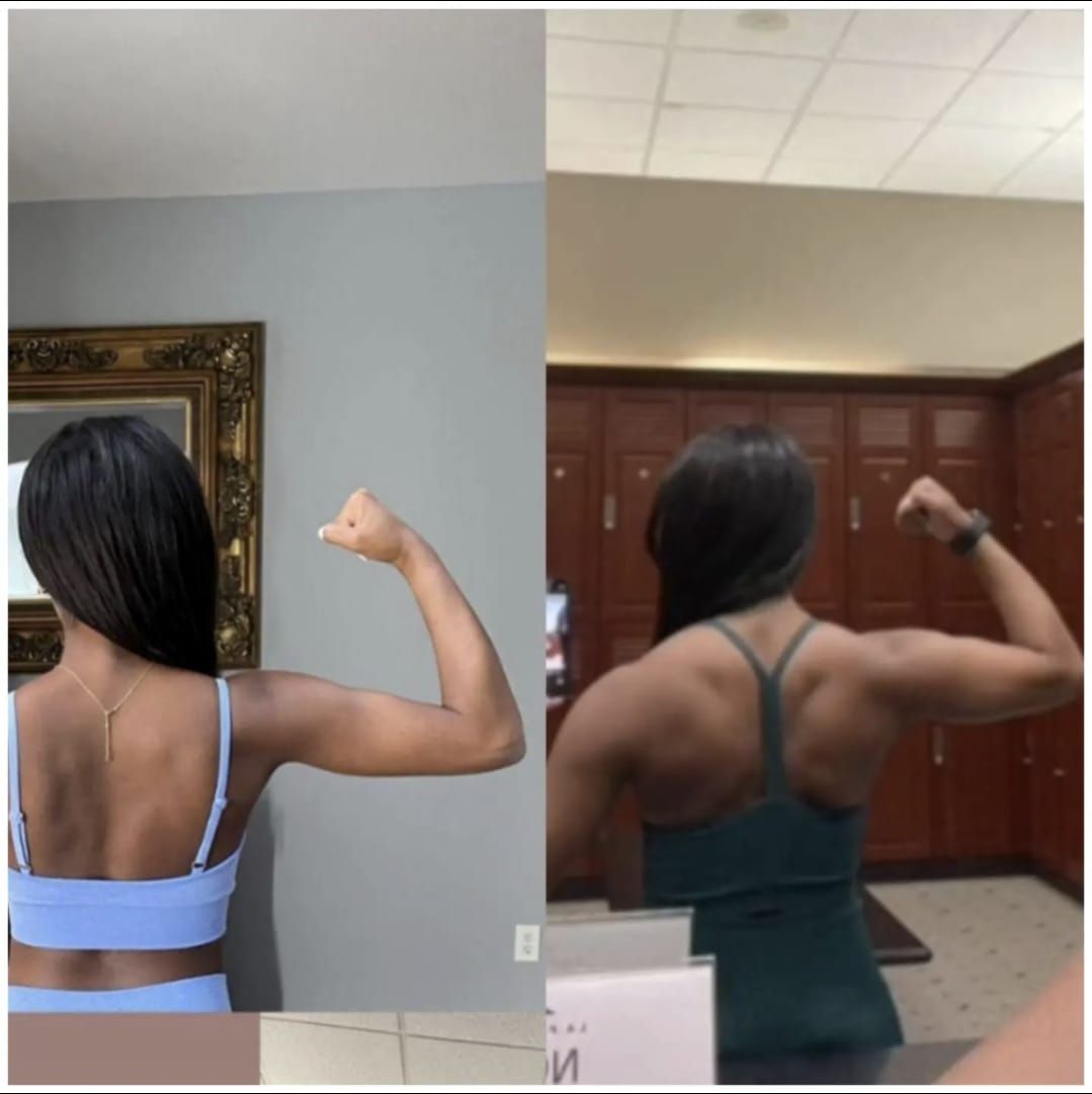 Two pictures of a woman flexing her muscles in front of a mirror