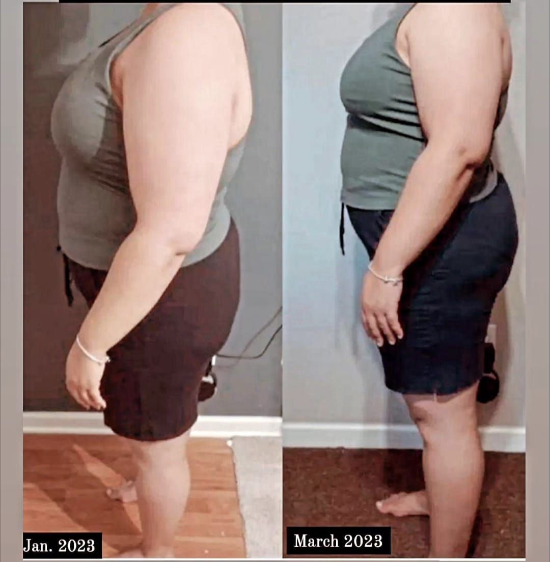 A before and after photo of a woman 's weight loss