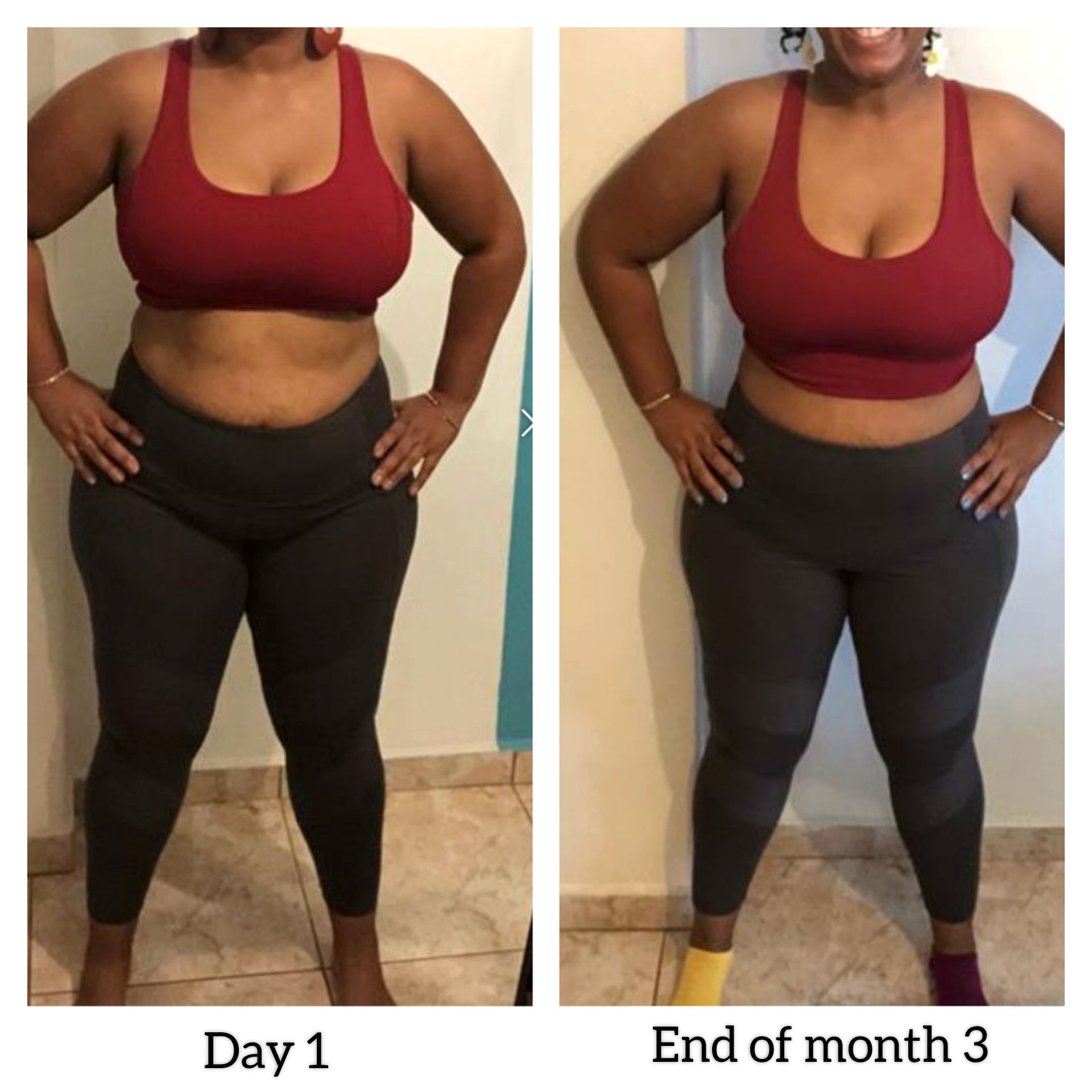 A before and after photo of a woman 's weight loss