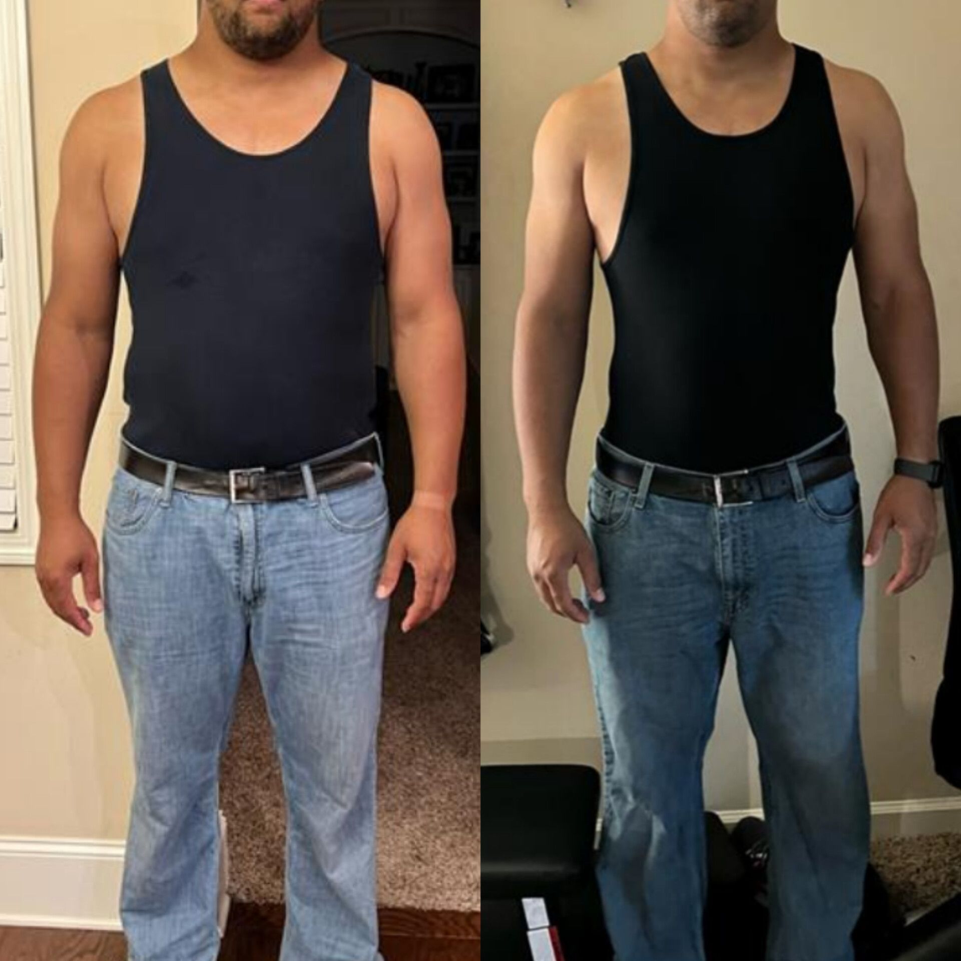 A before and after photo of a man wearing a black tank top