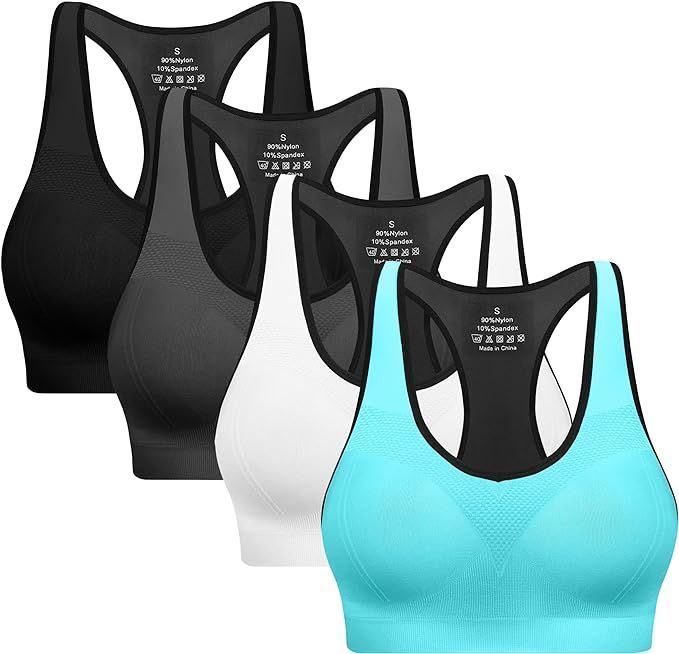 Padded sports bras with a strappy back, offering medium-impact support and comfort during various activities.
